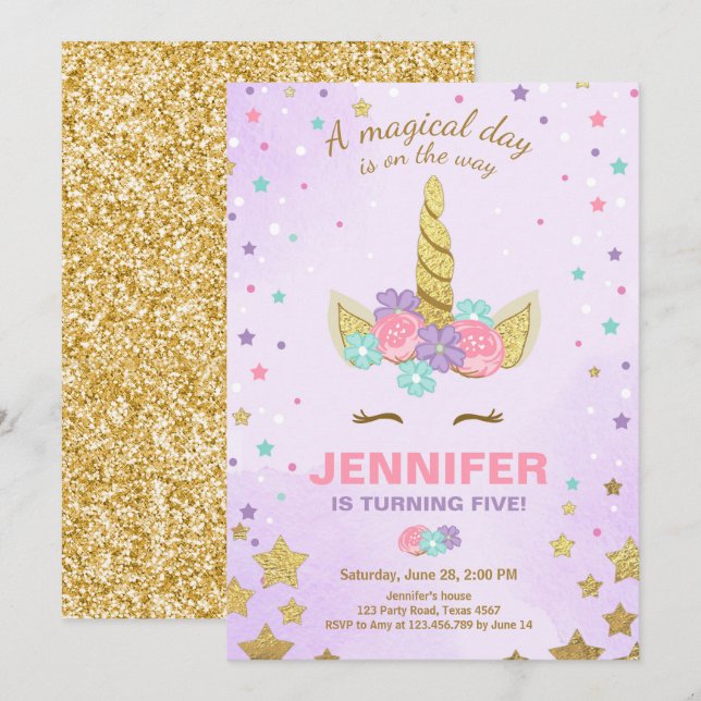 Invitación a unicornio por cumpleaños púrpura de o (Anverso / Reverso)