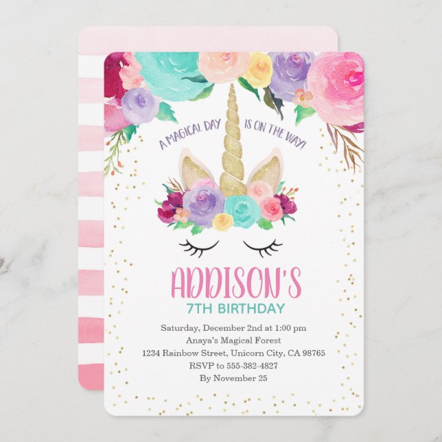 Invitación a unicornio Primer cumpleaños Baby Show (Anverso / Reverso)