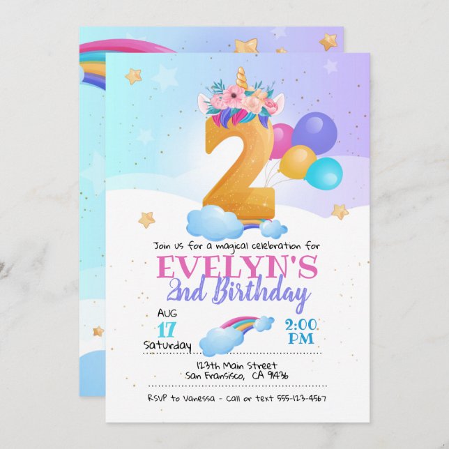 Invitación a unicornio, segundo cumpleaños de Unic (Anverso / Reverso)