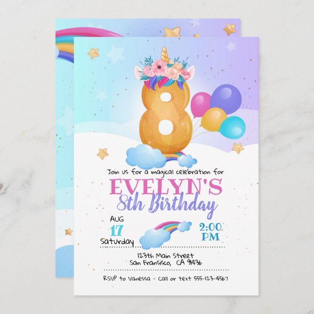 Invitación a unicornio, Unicorn, octavo cumpleaños (Anverso / Reverso)