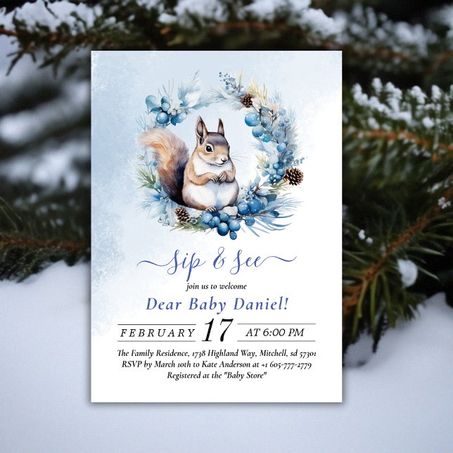 Invitación a ver el sorbo de acuarela de la ardill (Winter Squirrel Watercolor Sip and See Invitation)