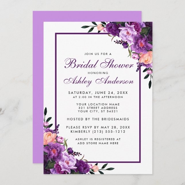 Invitación a VF a ducha de novia con flores violet (Anverso / Reverso)