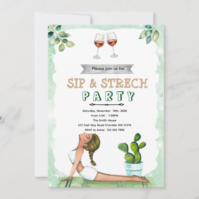 invitación a vino y yoga de Sip and Stretch (Anverso)