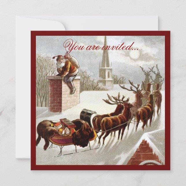 Invitación a Vintage Santa Claus Reindeer Sleigh (Anverso)