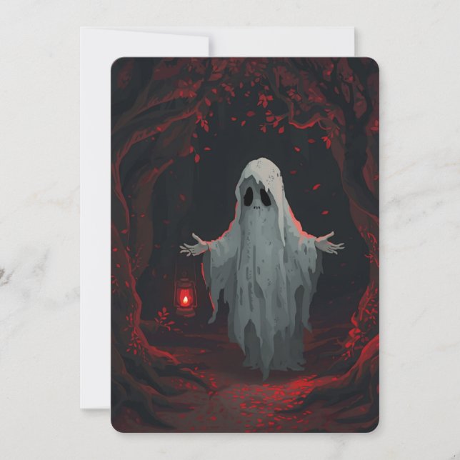 Invitación A white ghost holding a red lantern with red leave (Anverso)
