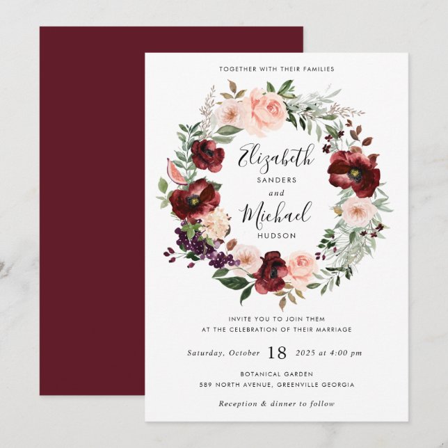 Invitación a Wreath de Floral Burgundy Rubor Green (Anverso / Reverso)