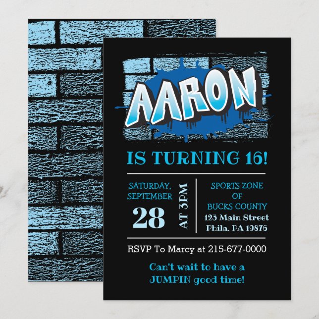 Invitación Aaron Tu Graffiti Nombre Brick Wall Partido Cumple (Anverso / Reverso)