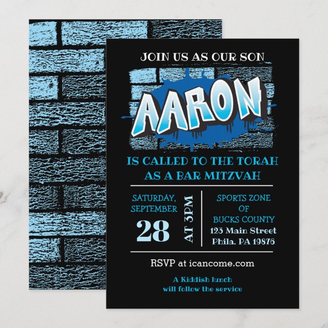 Invitación Aaron Your Graffiti Name Brick Wall Bar Mitzvah (Anverso / Reverso)