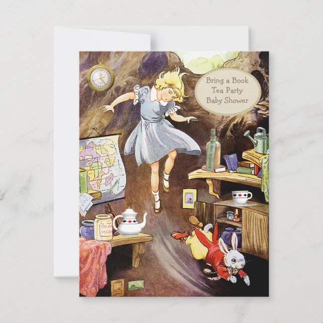 Invitación Abajo de la madriguera de conejo traiga un libro (Anverso)