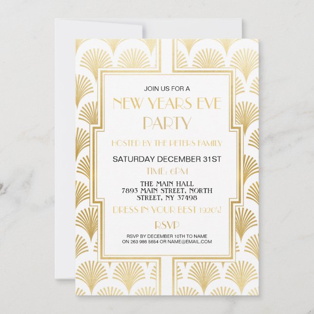 Invitación Abanico blanco de oro de la fiesta de Gatsby de No (Anverso)