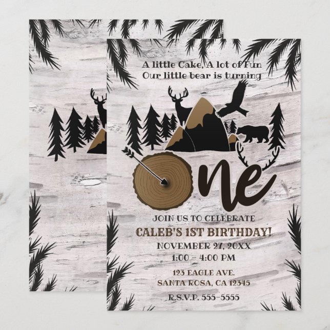 Invitación Abanico rústico de abedul para cumpleaños uno 1 al (Anverso / Reverso)