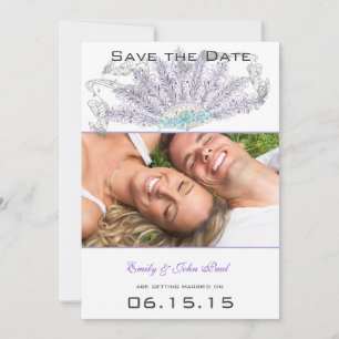 Invitación Abanico Vintage de Plumas Moradas Boda Save the Da