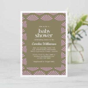 Invitación Abanicos Art Deco en Verde Oliva y Lila Cumpleaños