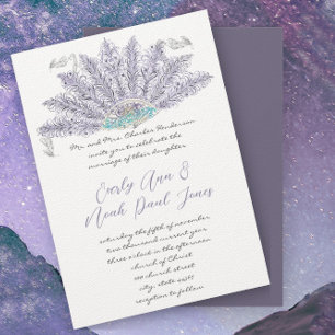 Invitación Abano Morado Vintage Ventilador de Plumas Boda