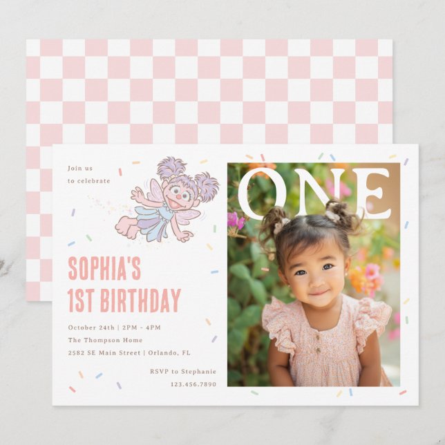 Invitación Abby Cadabby Confeti Rosa Primer Cumpleaños (Anverso / Reverso)