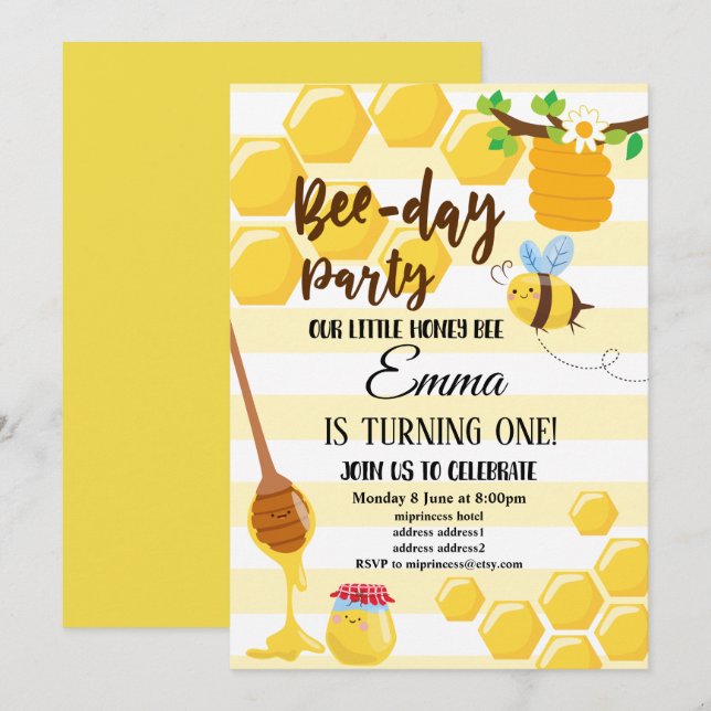 Invitación abeja, abeja miel, peine de miel, abeja de burbuja (Anverso / Reverso)