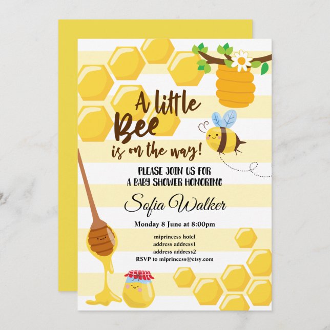 Invitación abeja, abeja miel, peine de miel, ducha de bebé (Anverso / Reverso)