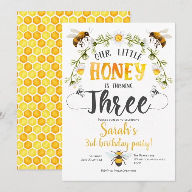 Invitación Abeja, abeja, pequeña abeja, Chica, tercer cumplea (Anverso / Reverso)
