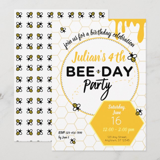 Invitación Abeja, Abeja Pequeña, Fiesta de Cumpleaños de Abej (Anverso / Reverso)