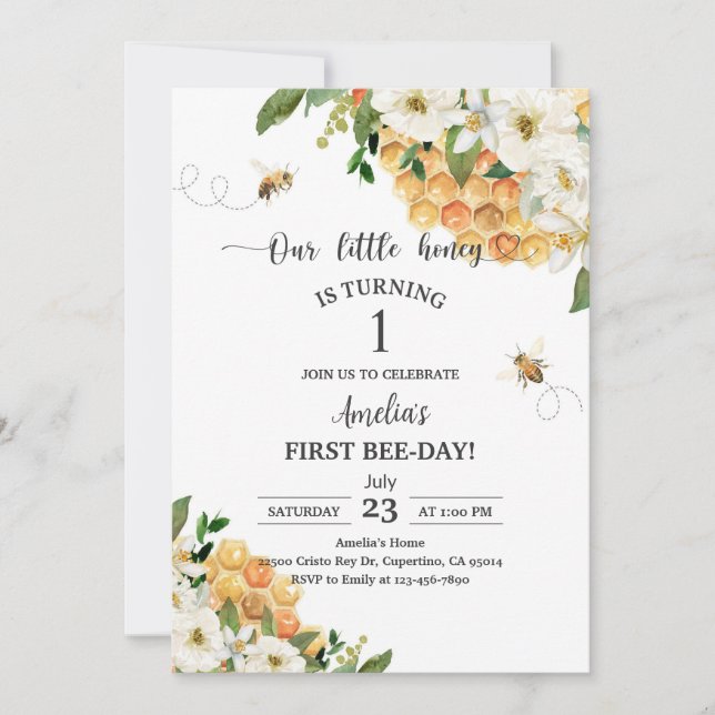 Invitación Abeja Amarilla Flor Blanca Cumpleaños 1 (Anverso)