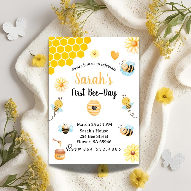 Invitación Abeja amarilla y flor Primer Día de la Abeja (Subido por el creador)