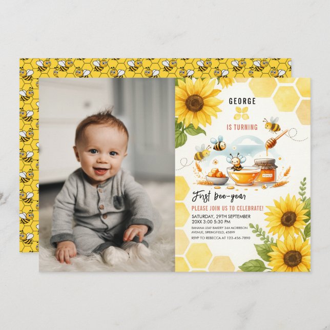 Invitación Abeja amarilla y girasol 1 cumpleaños (Anverso / Reverso)