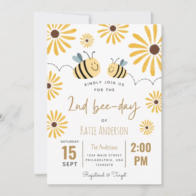 Invitación Abeja amarilla y girasol segundo día de abeja (Anverso)