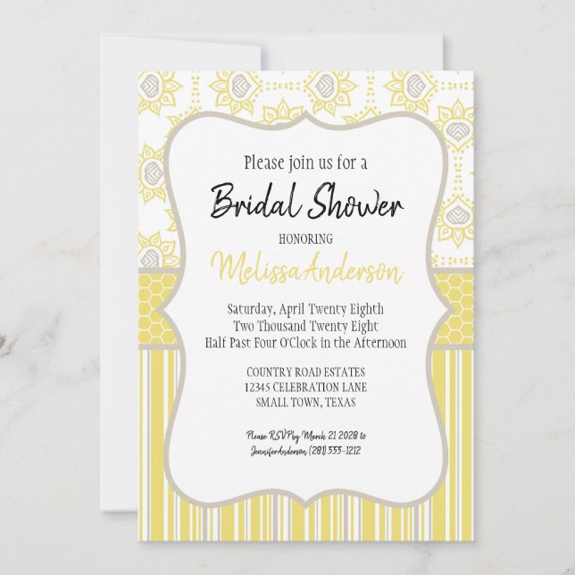 Invitación Abeja Amarillo y Gris Geométrico (Anverso)