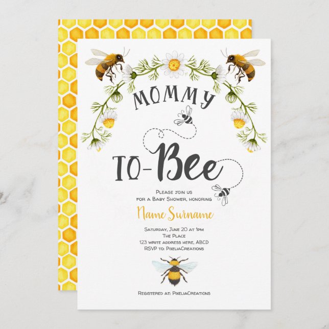 Invitación Abeja Baby Shower, mamá por venir (Anverso / Reverso)