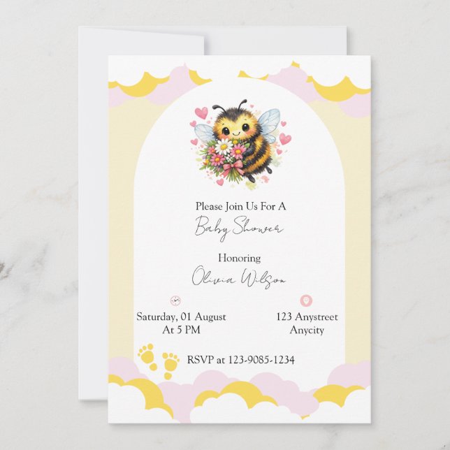 Invitación Abeja Bumbola Dulce con un Ramo Floral (Anverso)