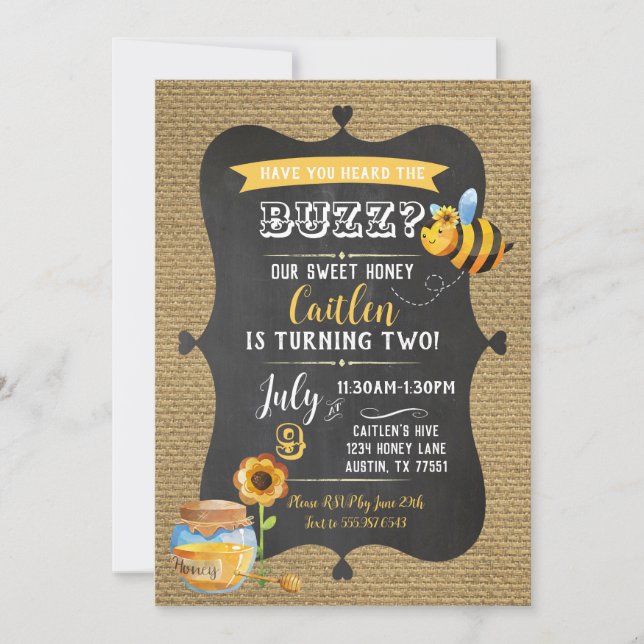 Invitación Abeja Cumpleaños Dulce Miel Bumble Abeja Niños Cum (Anverso)