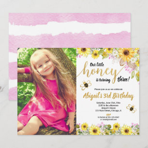 Invitación Abeja cumpleaños girasoles florales rosas foto