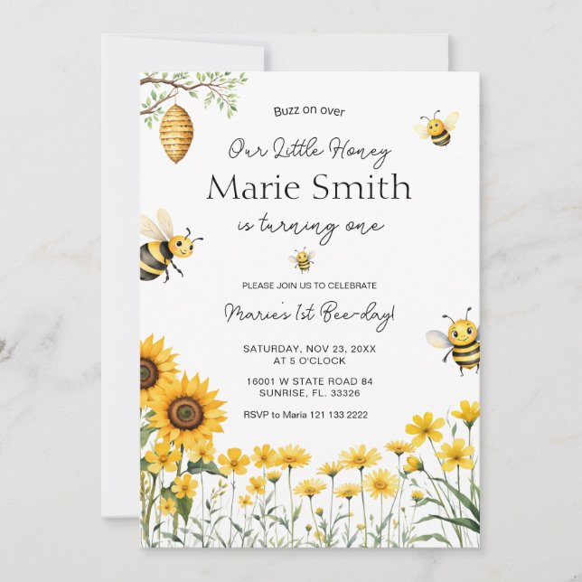 Invitación Abeja Cuta Cumpleaños Primer Día De Nuestra Pequeñ (Anverso)