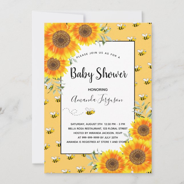 Invitación Abeja de burbuja suave girasol amarillo ducha bebé (Anverso)