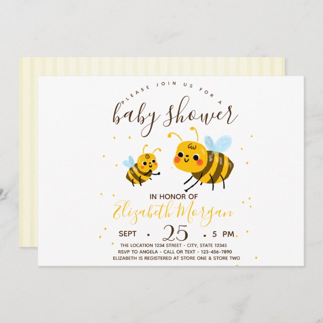 Invitación Abeja de burbujas dulces, Baby Shower de franjas (Anverso / Reverso)