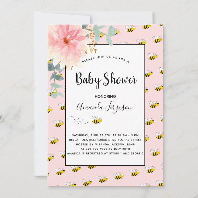 Invitación Abeja de burbujas finas girasoles rosados ducha de (Anverso)