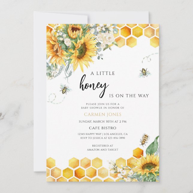 Invitación Abeja de Girasol Amarillo Bebé Sin Género (Anverso)