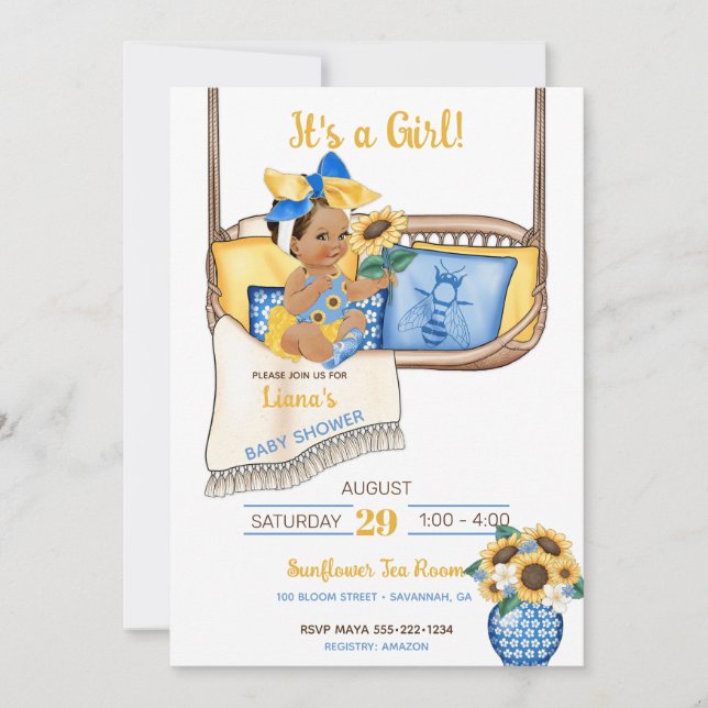 Invitación Abeja de girasol de girasol amarillo azul (Anverso)