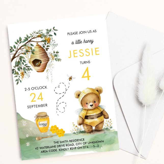 Invitación Abeja de miel y acuarela de oso dulce niños cumple (Subido por el creador)