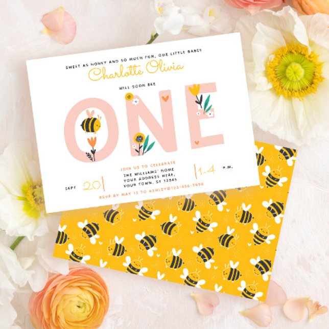 Invitación Abeja Flores Amarillas y Rosadas Cumpleaños del 1e (Subido por el creador)