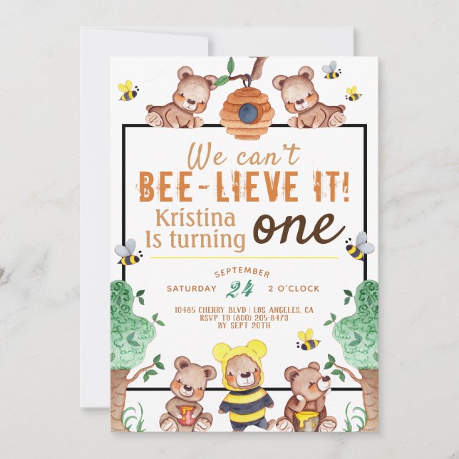 Invitación Abeja-lieve It Honey Bear Cumpleaños (Anverso)