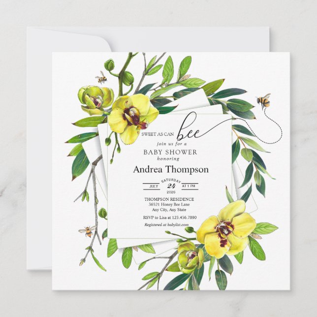 Invitación Abeja Melífera | Abeja Dulce | Shower de Orquídeas (Anverso)