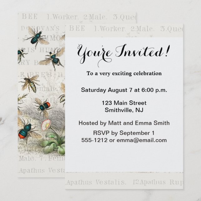 Invitación Abeja Miel Trabajador Reina Abejas Antigüo (Anverso / Reverso)