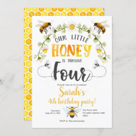 Invitación Abeja. Pequeña miel, Bee, cuarto cumpleaños