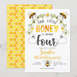 Invitación Abeja. Pequeña miel, Bee, cuarto cumpleaños