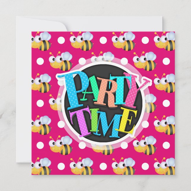 Invitación Abeja, puntos de Polka blanco y rosado caliente (Anverso)