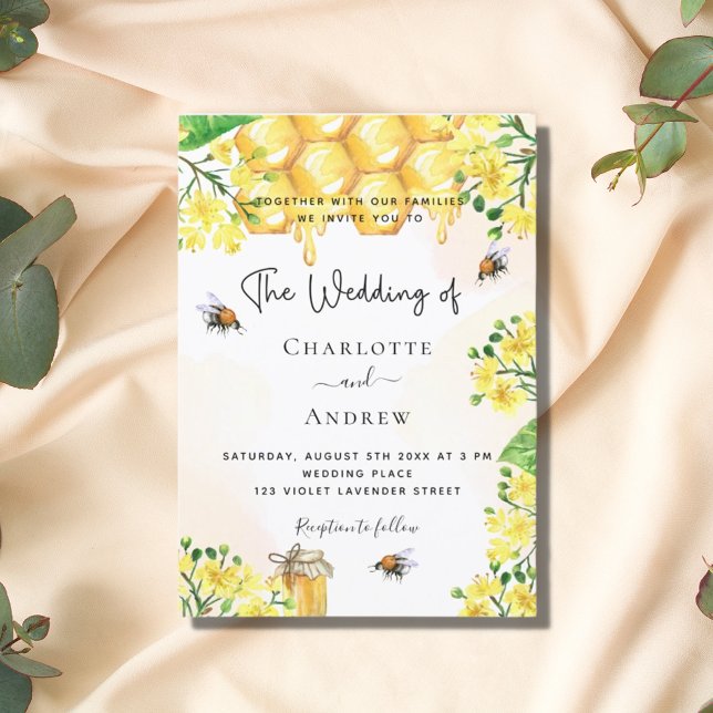 Invitación abejas bodas florales amarillas honeycomb (Subido por el creador)