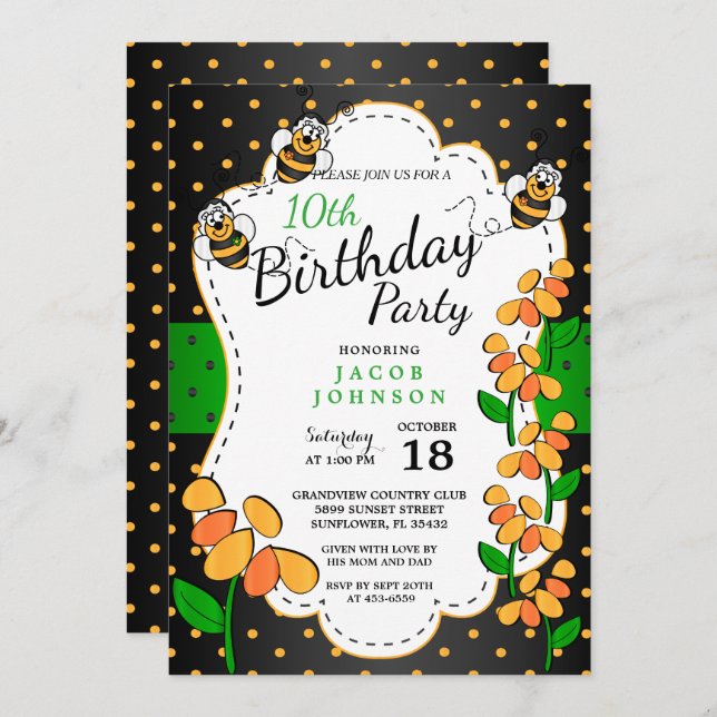 Invitación Abejas de cumpleaños de pequeño burbuja (Anverso / Reverso)