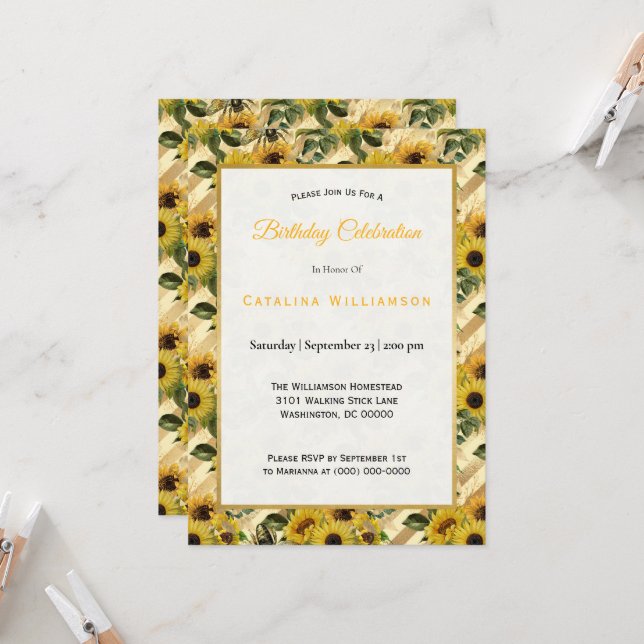 Invitación Abejas de girasol amarillo moderno Stripe Cumpleañ (Anverso/Reverso In Situ)