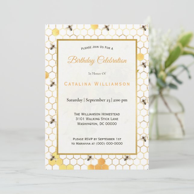 Invitación Abejas de miel de oro de moda Cumpleaños  (Anverso de pie)
